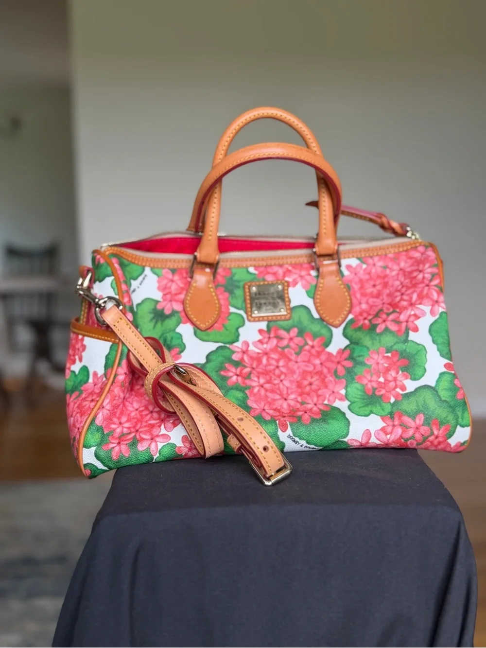 Dooney & Bourke Floral Satchel with Tan Leather Trim & matching coin purse set